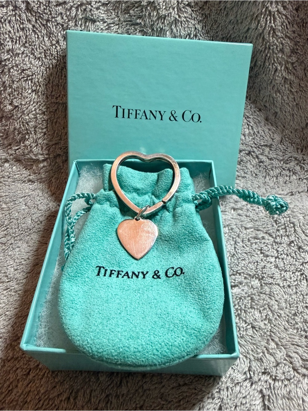 Tiffany & Co. Silver Heart Keyring with Tiffany Blue Pouch
